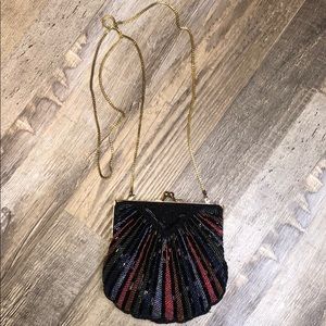Vintage Glass Beaded Crossbody Bag With Gold Chain